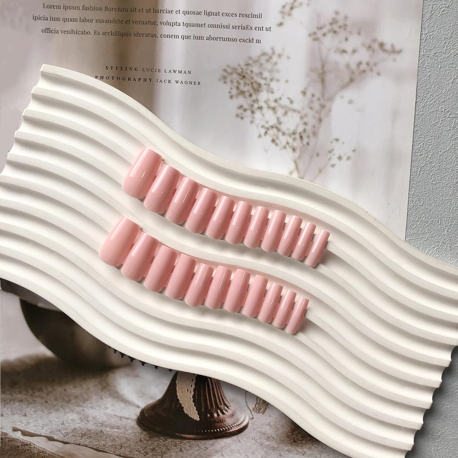Pink Press On Nails Medium Long Square, Xcreando Medium Coffin Nails Acrylic Press ons Glue on Nails, Solid Color Fake Nail for Women, Natural Thick Artificial Stick on - Image 5