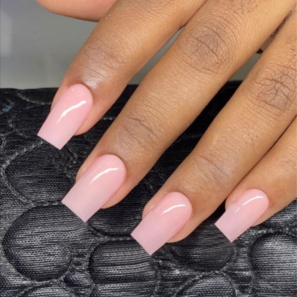 Pink Press On Nails Medium Long Square, Xcreando Medium Coffin Nails Acrylic Press ons Glue on Nails, Solid Color Fake Nail for Women, Natural Thick Artificial Stick on - Image 3