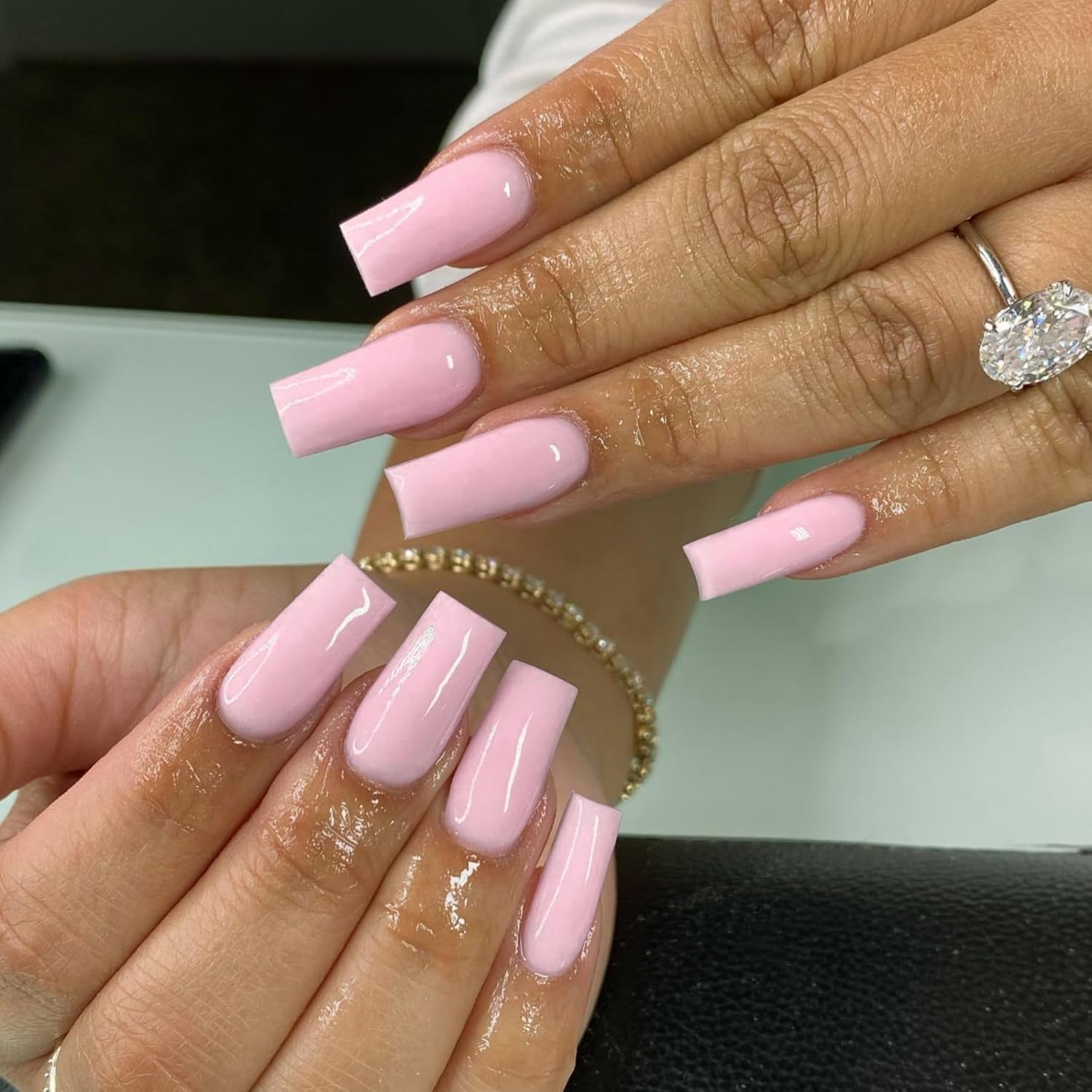 Pink Press On Nails Medium Long Square, Xcreando Medium Coffin Nails Acrylic Press ons Glue on Nails, Solid Color Fake Nail for Women, Natural Thick Artificial Stick on - Image 2