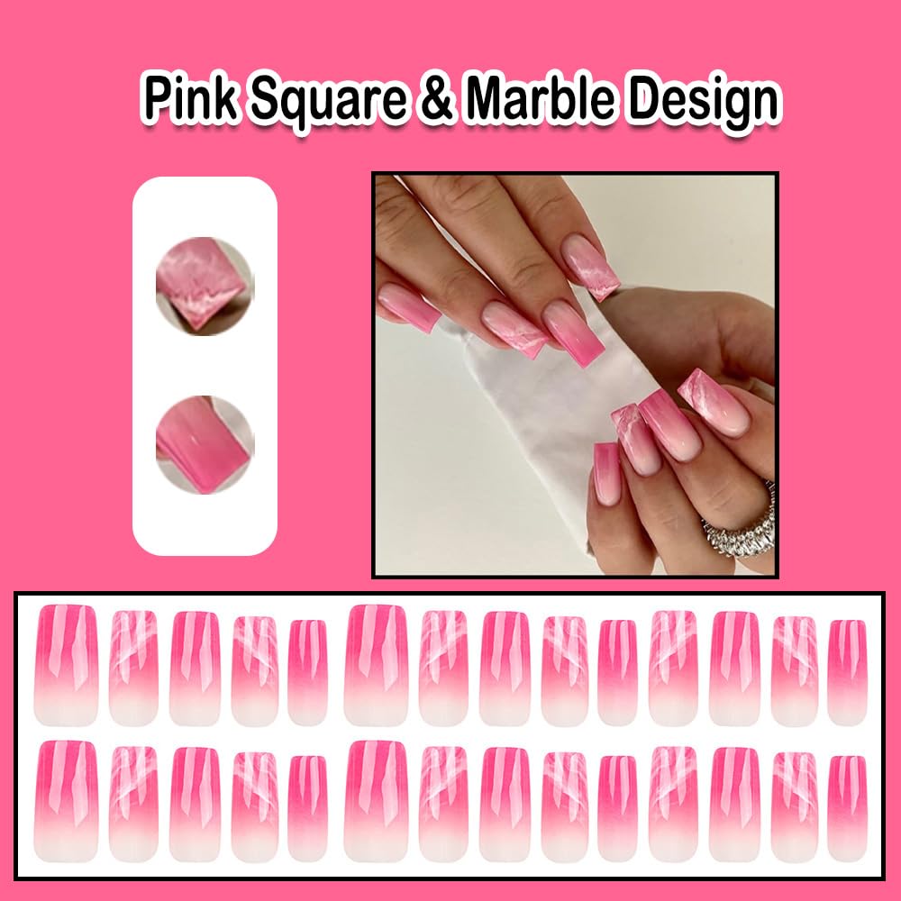 Pink Press on Nails Medium Square Ombre Fake Nails with Marble Design Gel Acrylic Glue on Nails for Wedding Birthday Gradient Stick on Nails for Women Manicure False Nails with Glue ALP888L - Image 2