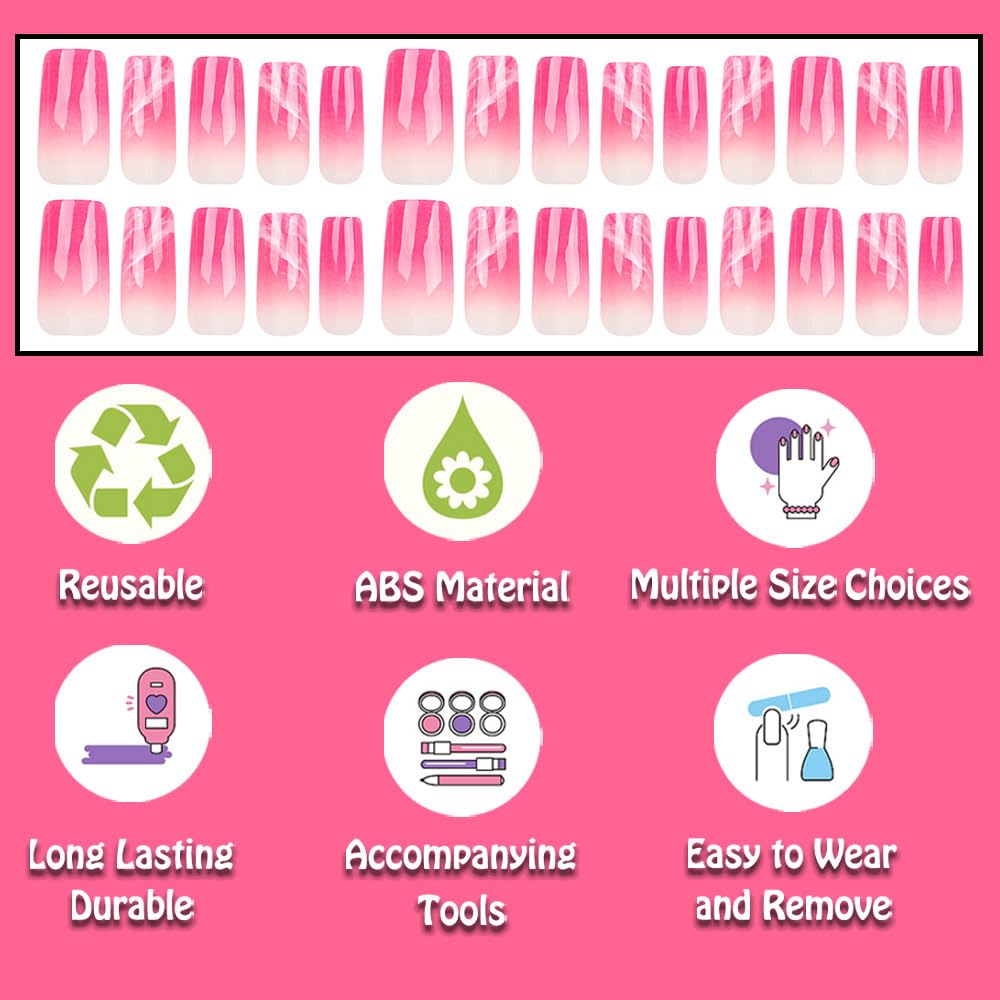 Pink Press on Nails Medium Square Ombre Fake Nails with Marble Design Gel Acrylic Glue on Nails for Wedding Birthday Gradient Stick on Nails for Women Manicure False Nails with Glue ALP888L - Image 3