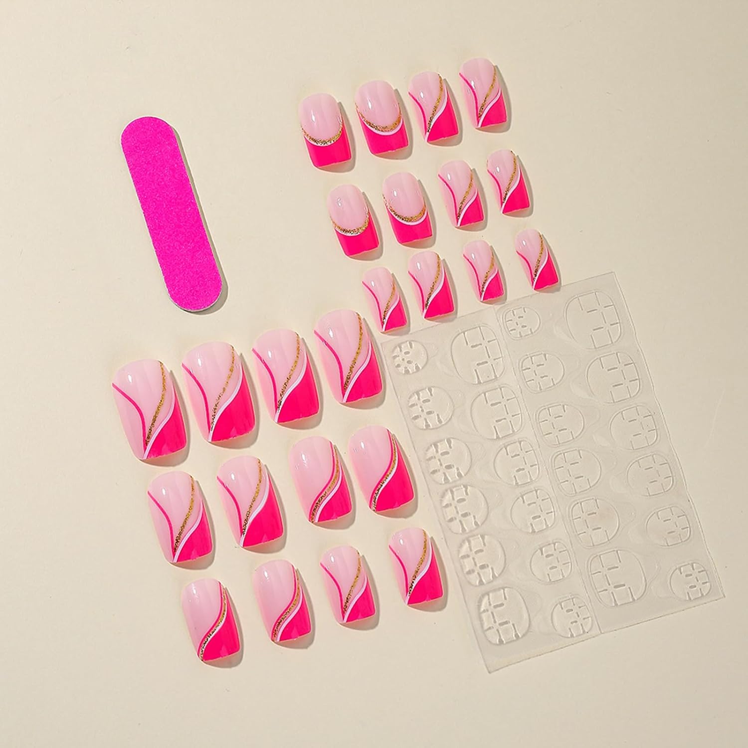 Pink Press-On Nails - Short Square Shaped French Tip False Nails With Gold Glitter Line Designs, Glossy Finish, Full Coverage, Hot Pink Artificial Nails for Women's Manicure - Image 3