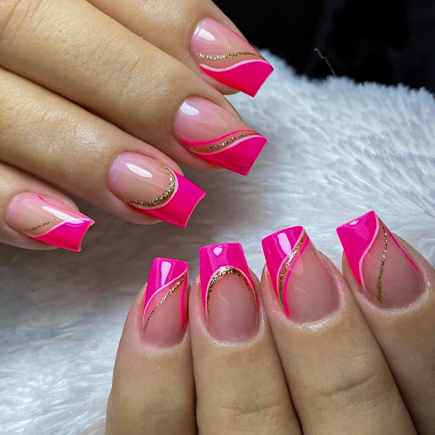 Pink Press-On Nails - Short Square Shaped French Tip False Nails With Gold Glitter Line Designs, Glossy Finish, Full Coverage, Hot Pink Artificial Nails for Women's Manicure