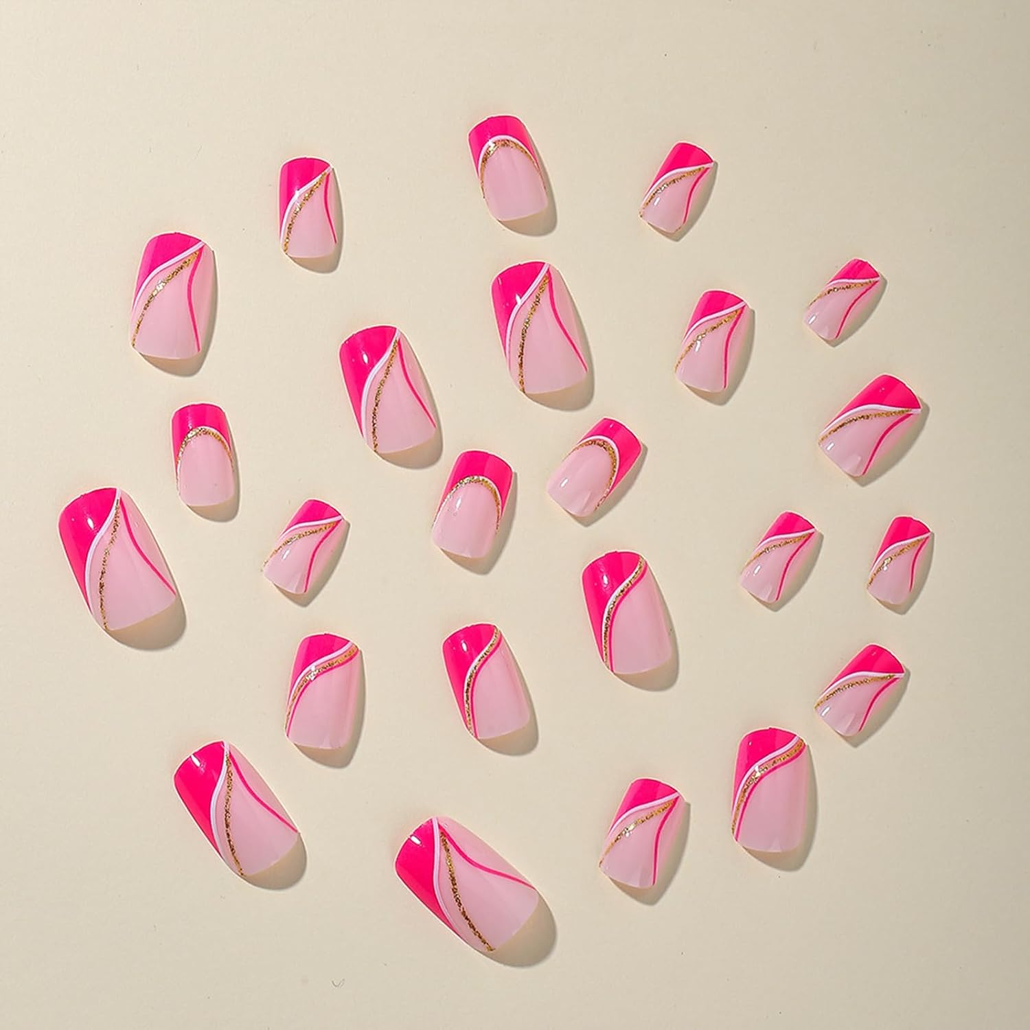 Pink Press-On Nails - Short Square Shaped French Tip False Nails With Gold Glitter Line Designs, Glossy Finish, Full Coverage, Hot Pink Artificial Nails for Women's Manicure - Image 2
