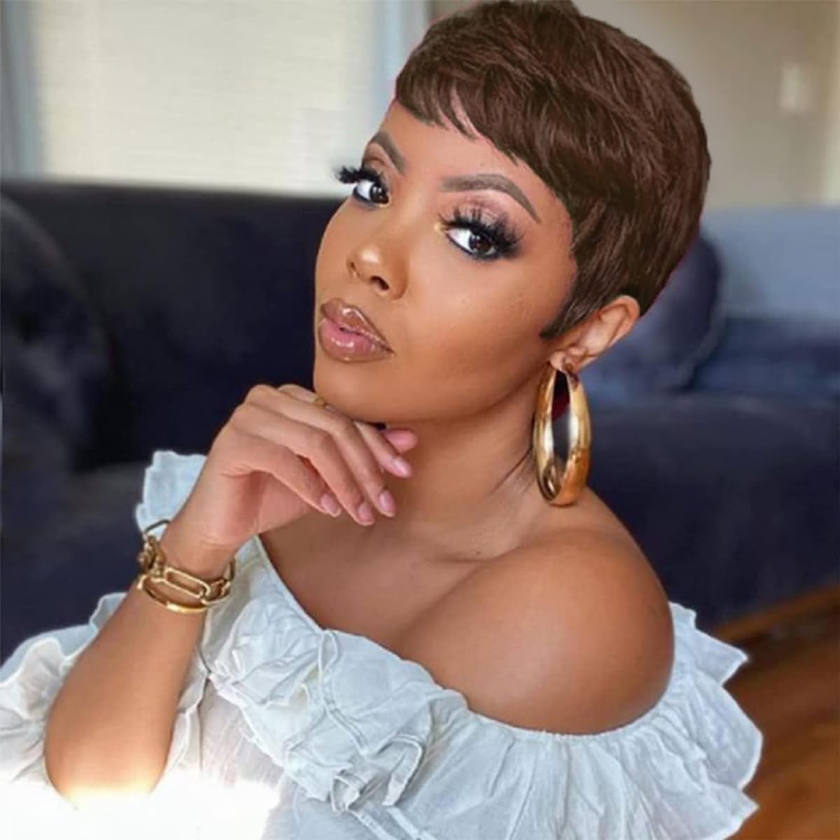 Pixie Cut Wig Human Hair Chocolate Brown Short Human Hair Wigs for Women Short Straight Hair Wigs with Bangs for Black Women Full Machine Made Wigs Brown Short Hair Glueless Wigs Human Hair (4#) - Image 5