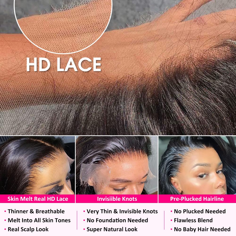 Pizazz 13x6 HD Transparent Lace Front Wigs Human hair Pre Plucked 180 Density Brazilian Body Wave Frontal Wigs Human Hair with Baby Hair Natural Hairline Natural Black Color 28Inch - Image 3