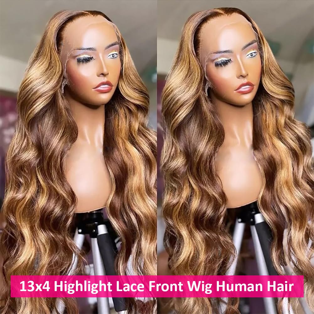 Pizazz Honey Blonde Lace Front Wigs Human Hair Pre Plucked with Natural Hairline 13x4 Glueless Wigs Human Hair 180 Density 4/27 Highlight Body Wave Lace Frontal Wigs 28 Inch - Image 3