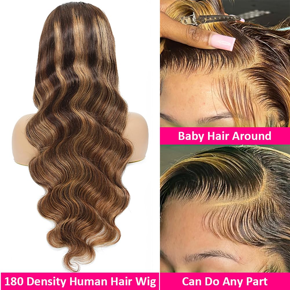 Pizazz Honey Blonde Lace Front Wigs Human Hair Pre Plucked with Natural Hairline 13x4 Glueless Wigs Human Hair 180 Density 4/27 Highlight Body Wave Lace Frontal Wigs 28 Inch - Image 2