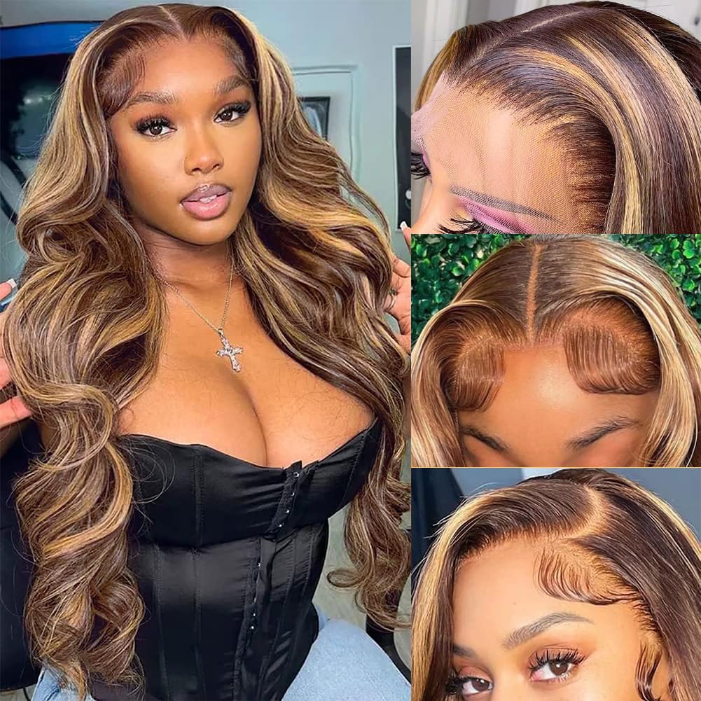 Pizazz Honey Blonde Lace Front Wigs Human Hair Pre Plucked with Natural Hairline 13x4 Glueless Wigs Human Hair 180 Density 4/27 Highlight Body Wave Lace Frontal Wigs 28 Inch
