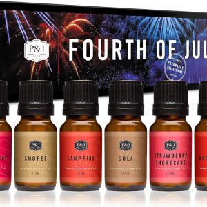 P&J Trading Fourth of July Set of 6 Fragrance Oils - Red Cherry, Watermelon, Strawberry Shortcake, Campfire, Smores, Cola Scented Oils for Candle Scents, Soap Making, Diffuser Oil