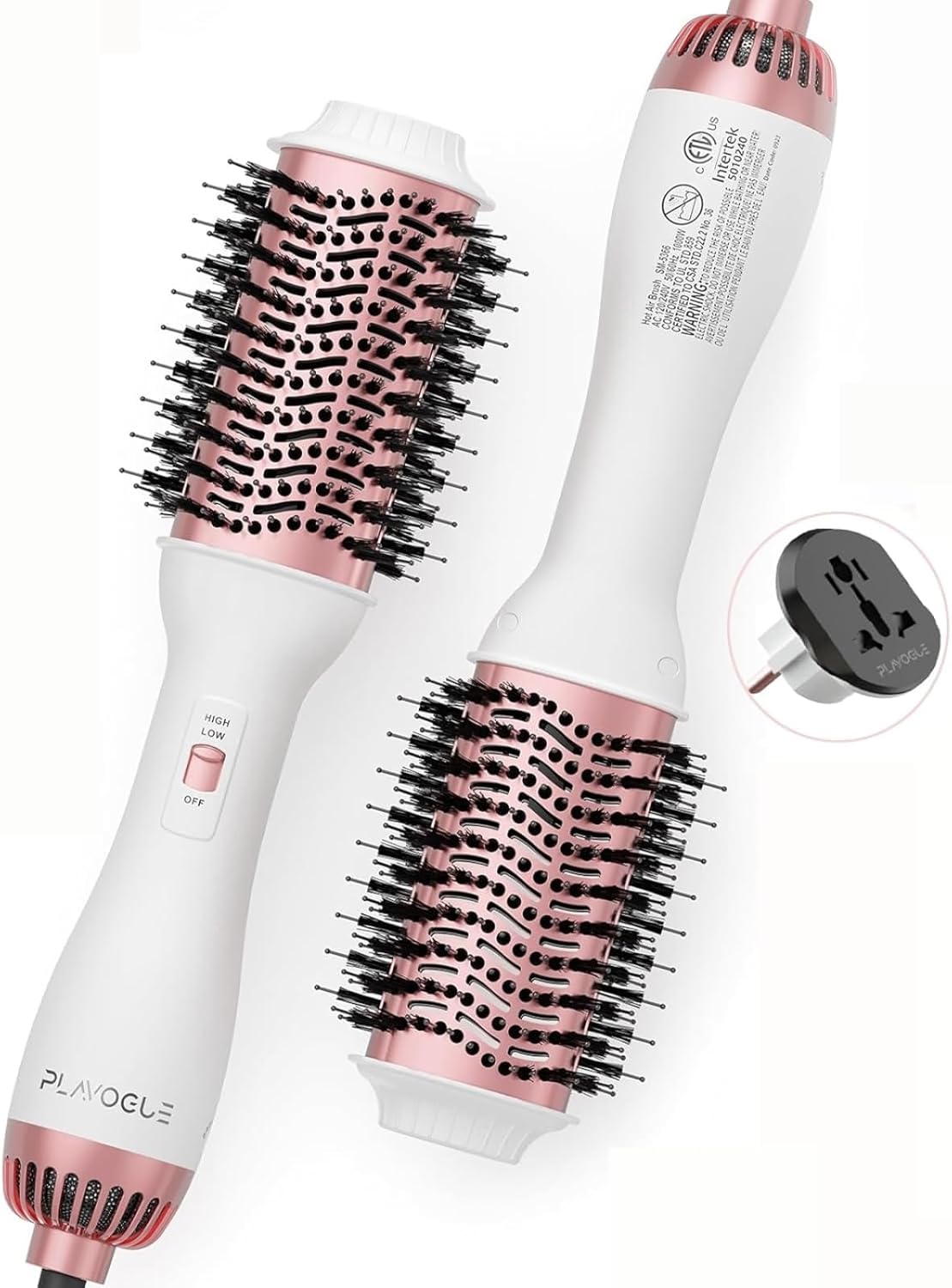 PLAVOGUE Hair Dryer Brush, Dual Voltage, Negative Ion, Lightweight, for European Travel, 4-in-1 Styling Tool, White