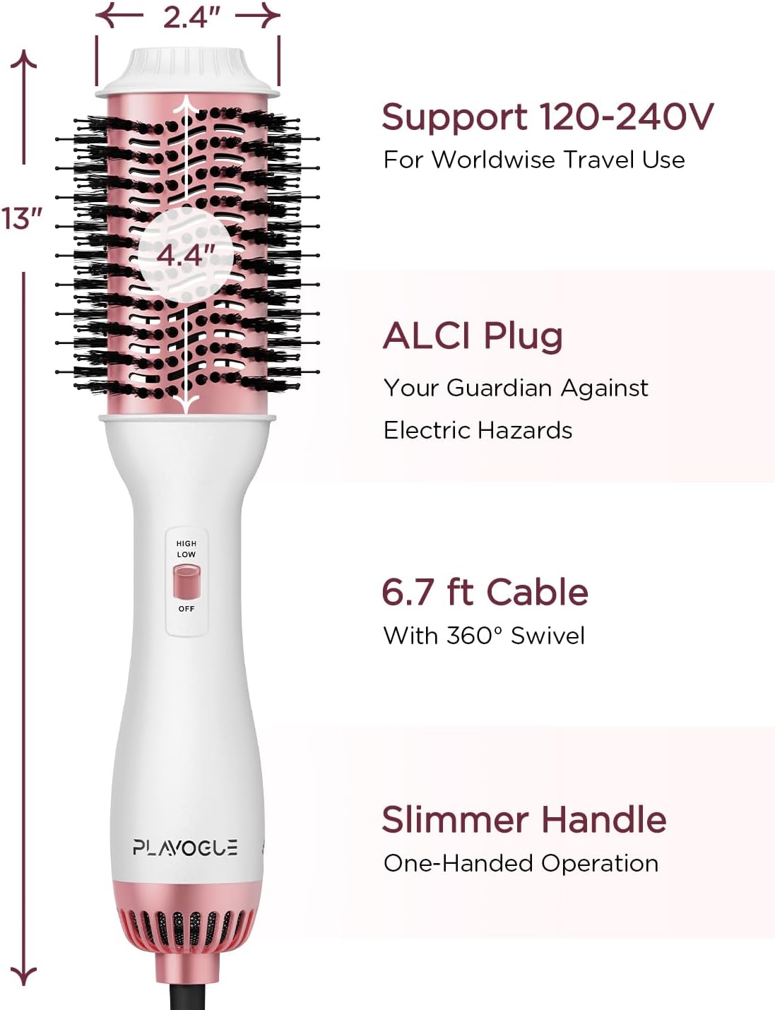 PLAVOGUE Hair Dryer Brush, Dual Voltage, Negative Ion, Lightweight, for European Travel, 4-in-1 Styling Tool, White - Image 7