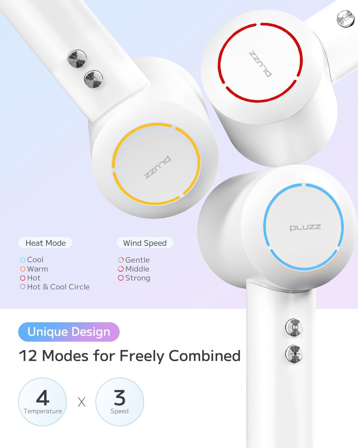 PLUZZ Portable Ionic Hair Dryer for Women, 110,000RPM Brushless Motor, Fast Drying, Low Noise, Classic White, 1600W - Image 5