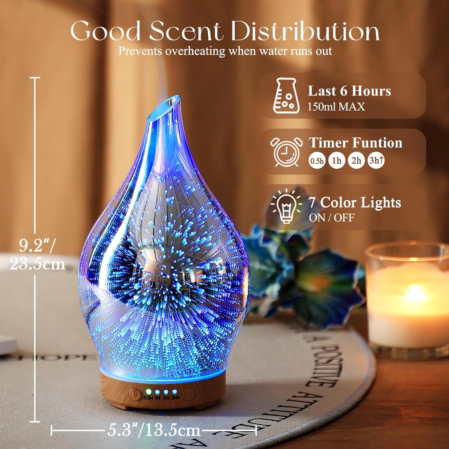 Porseme Oil Diffuser 3D Glass Aromatherapy Ultrasonic Humidifier, Air Refresh Auto Shut-Off, Timer Setting, BPA Free for Home Hotel Yoga Leisure SPA Gift 150ml Last 6H - Image 3