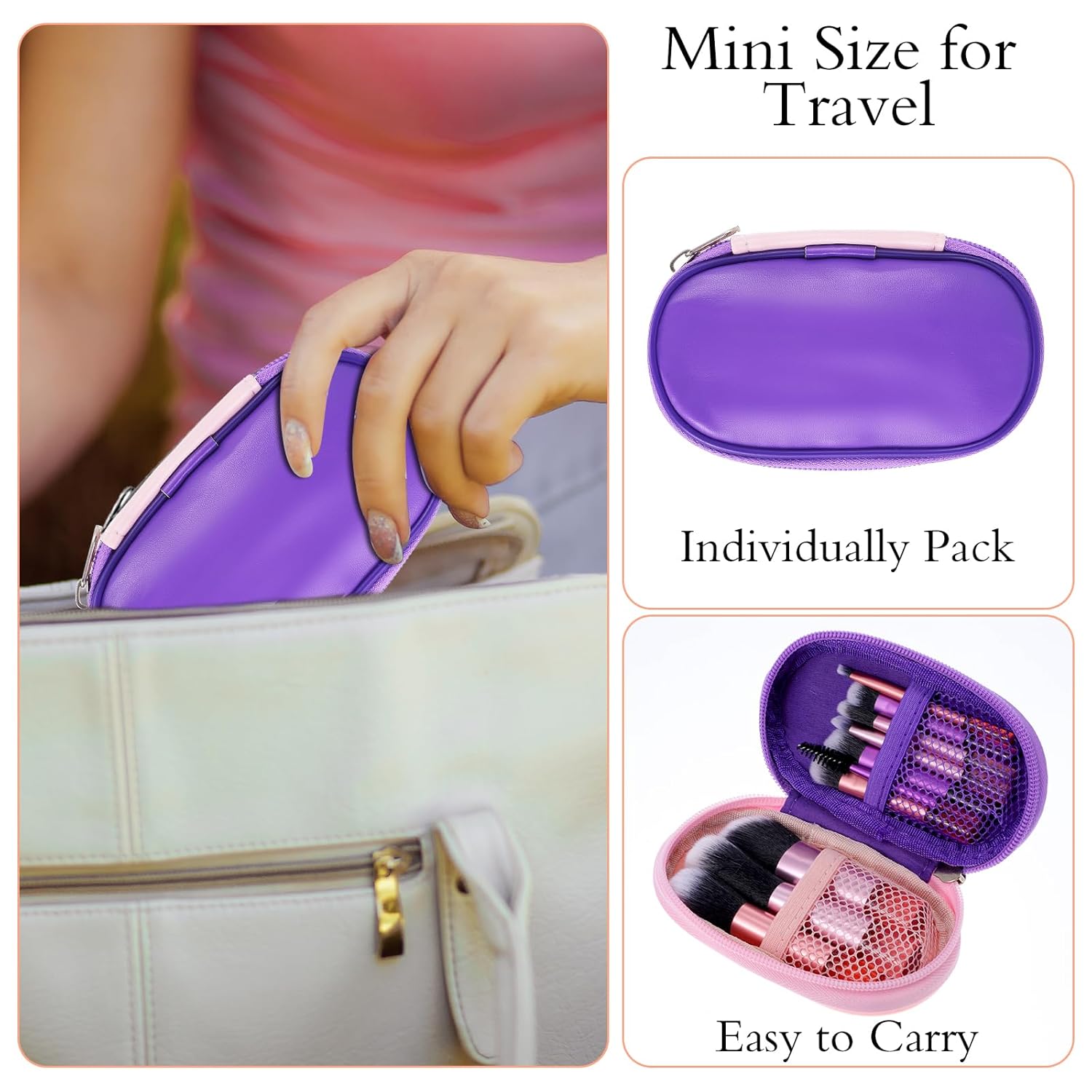 Portable Mini Makeup Brush Set with Pouch, Full Function Cosmetic Brushes Kit Pink - Image 3
