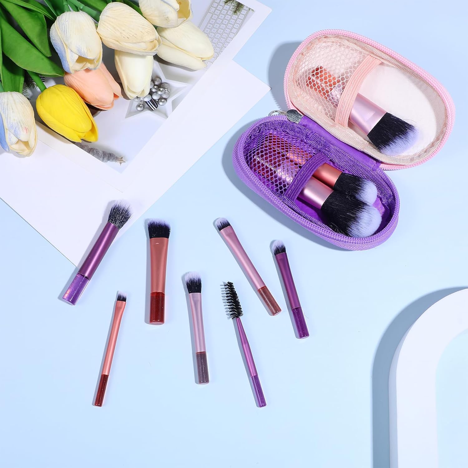 Portable Mini Makeup Brush Set with Pouch, Full Function Cosmetic Brushes Kit Pink - Image 4