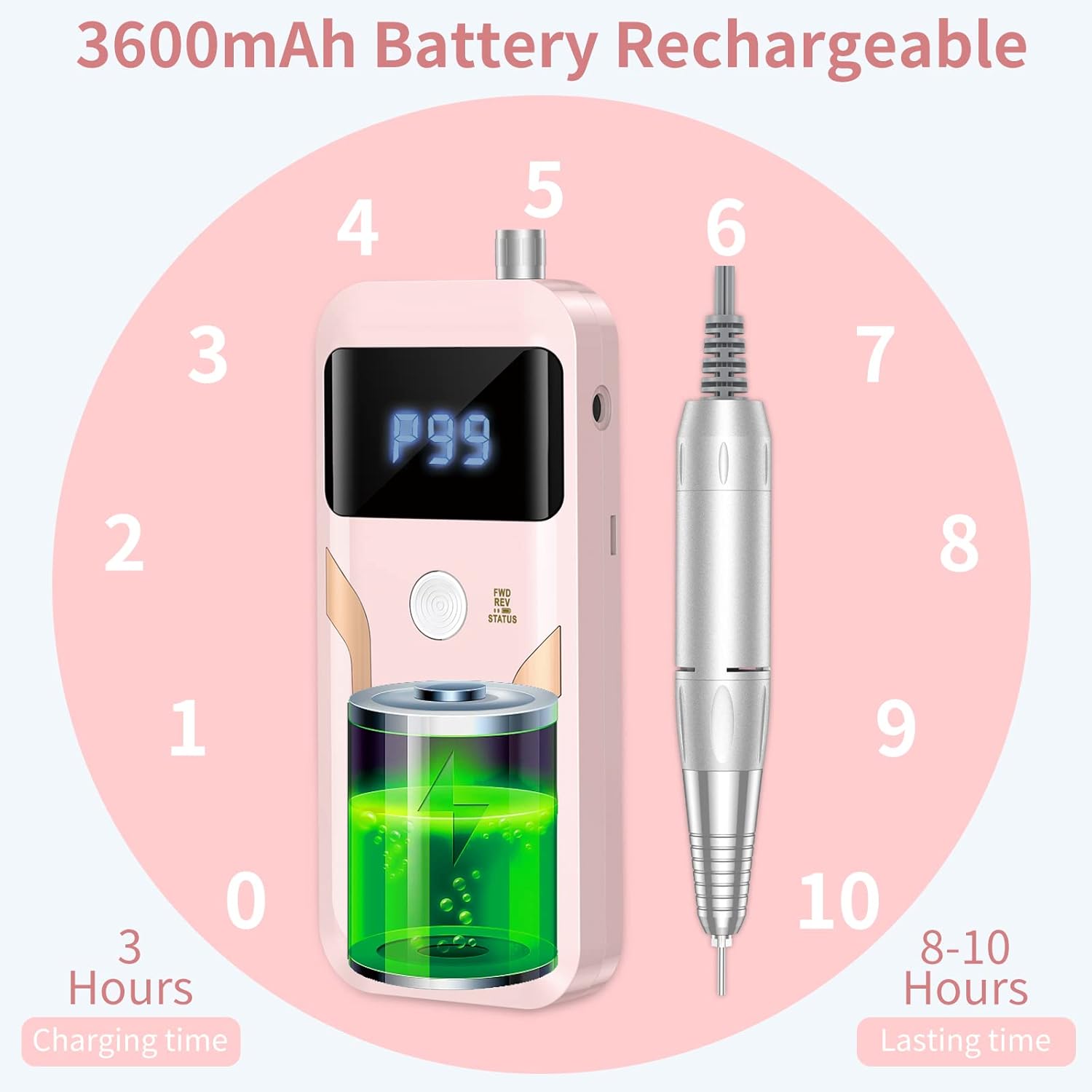 Portable Nail Drill Professional 35000 RPM, MOCOWIND Rechargeable Electric Nail File Machine E File for Acrylic Gel Polishing Removing, Cordless E-file with Bits Kit for Manicure Salon Home,Pink - Image 5
