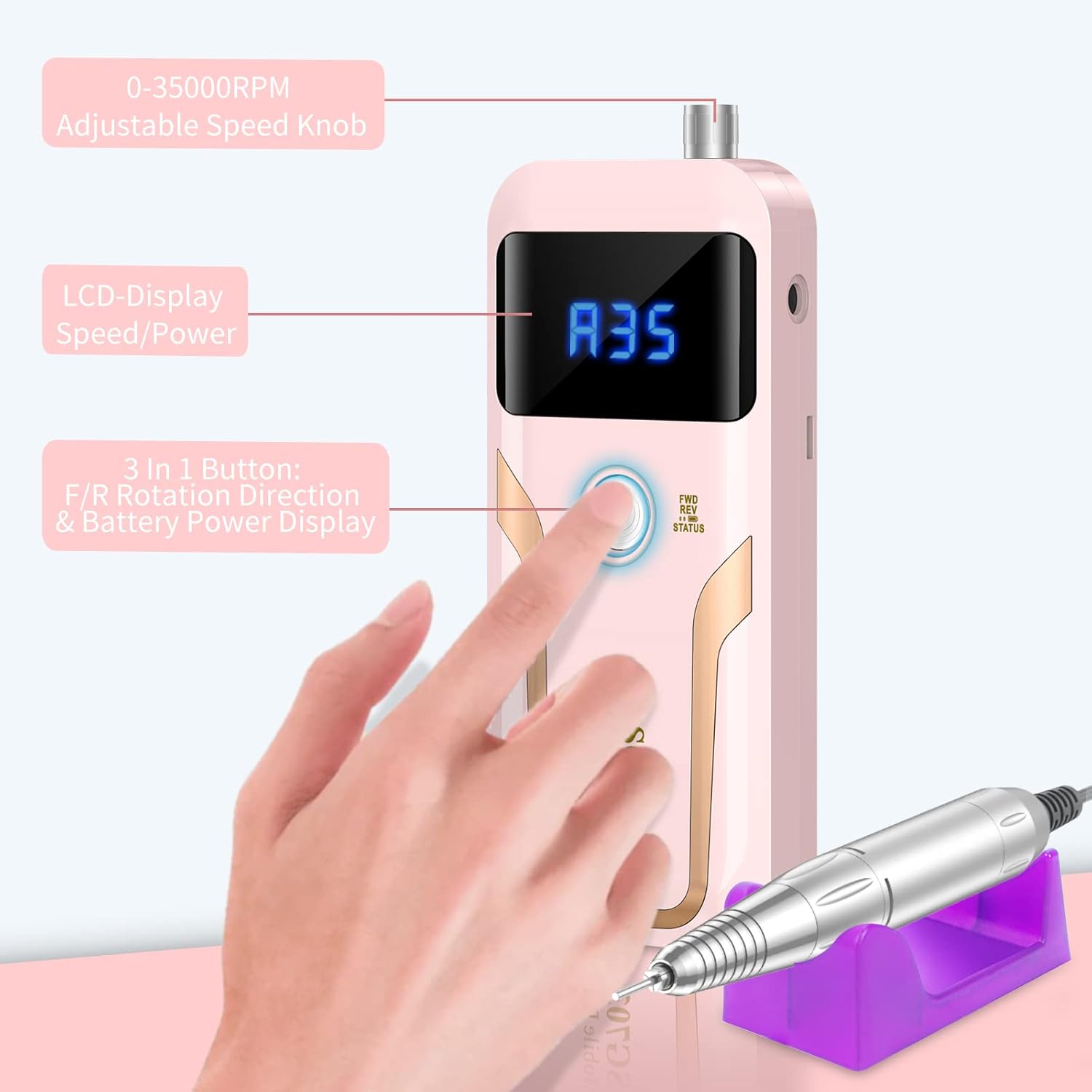 Portable Nail Drill Professional 35000 RPM, MOCOWIND Rechargeable Electric Nail File Machine E File for Acrylic Gel Polishing Removing, Cordless E-file with Bits Kit for Manicure Salon Home,Pink - Image 7