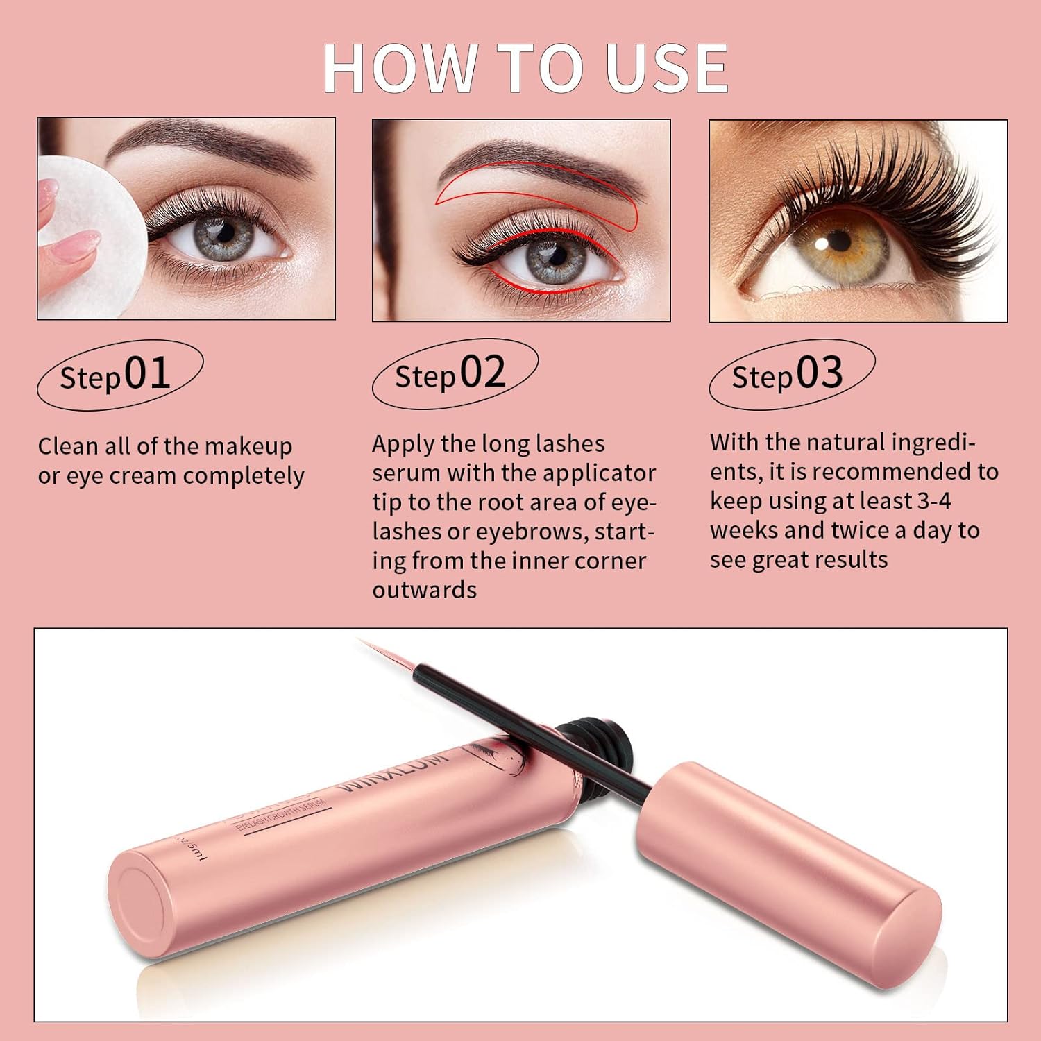 Premium Eyelash Growth Serum, Lash Growth Serum 5ML, Eyebrow Growth Serum with Peptides, Irritation-Free Eyelash Serum to Grow Lashes, Lash Boost for Fuller, Longer, Thicker, and Stronger Lashes, Pink - Image 5