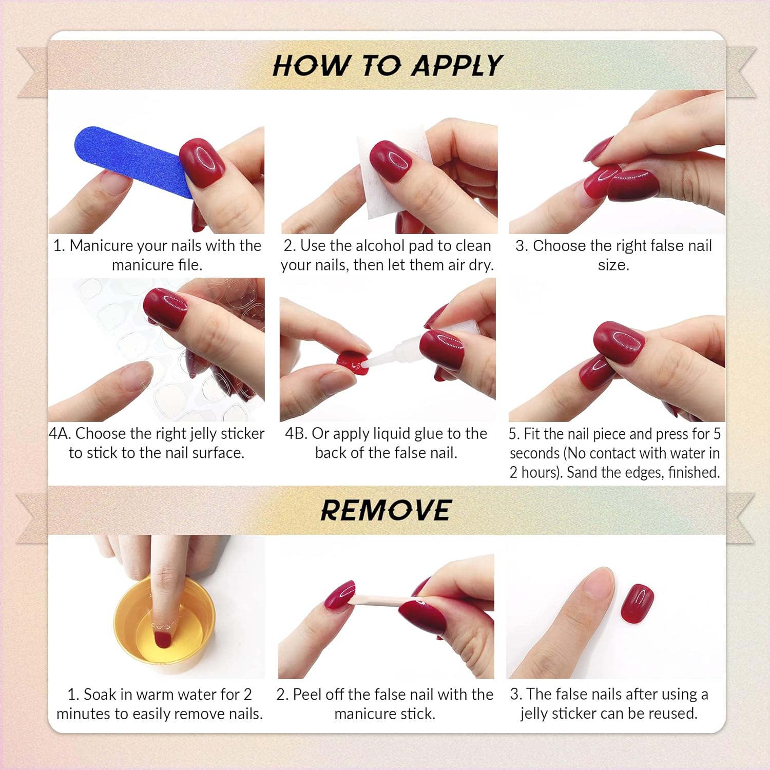 Press on Nails Almond, Ombre Nude Coral Pink Fake Nails Medium Press Ons, Glossy Full Cover Glue On Nails for Women Daily Wear, Natural Fit Acrylic Stick on Nail Kit - 24 Pieces in 12 Sizes - Image 4