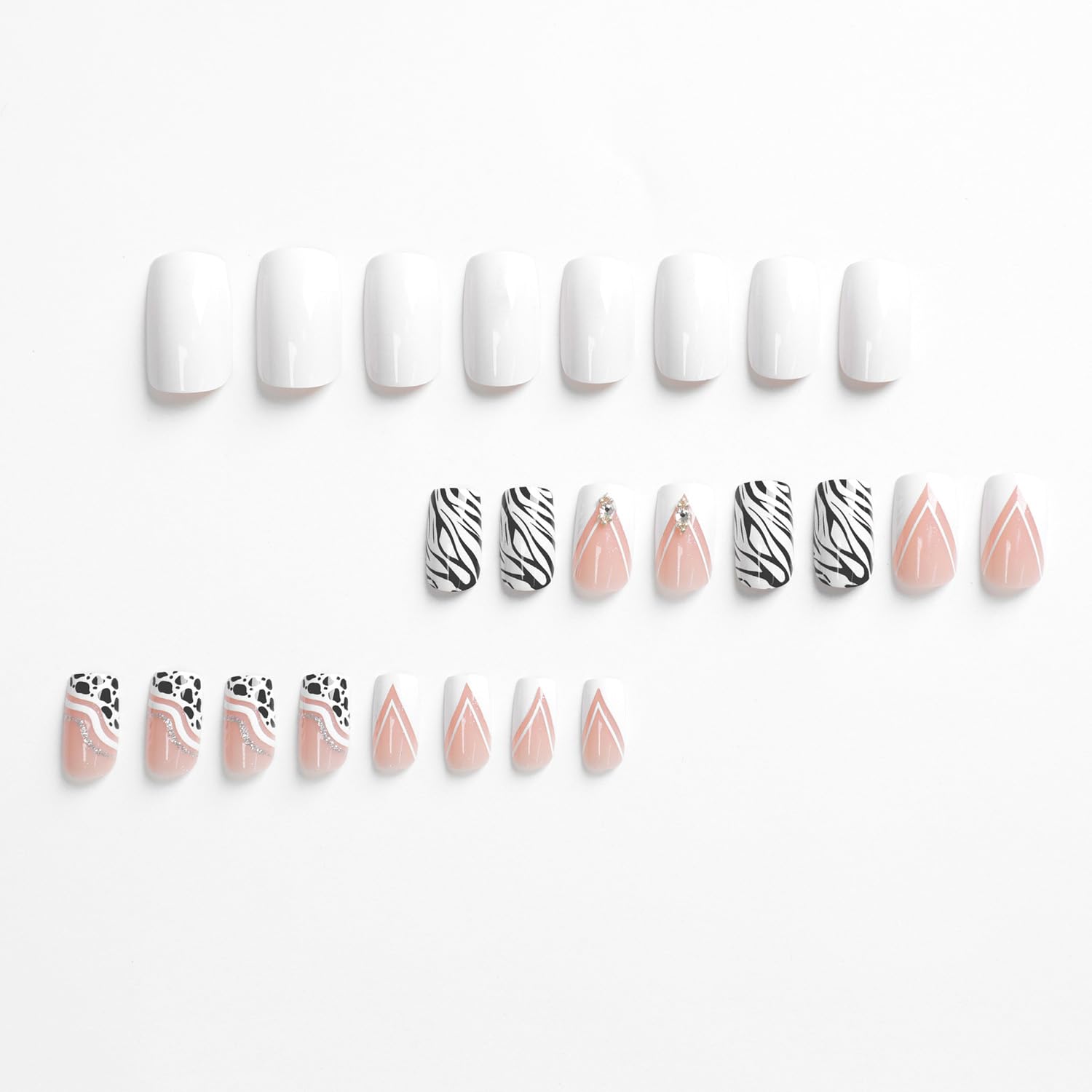 Press on Nails French 24Pcs Glossy Full Cover Medium Artificial Square False Nails with Cow Print Designs Glue Stick on Fingernails with Charm for Women Coffin Acrylic Fake Nails Sets - Image 3