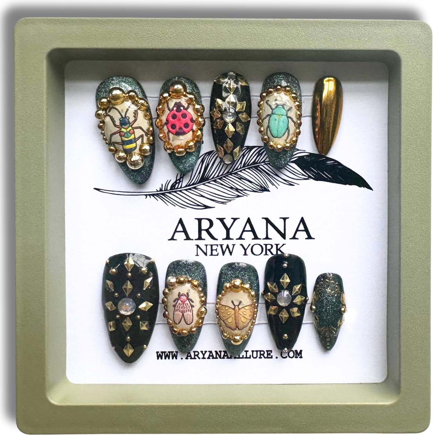 Press on Nails Medium Almond Fake Nails Press on 3D False Nails with Crystal Handcrafted Luxury Design Nails for Women - Love Bugs Collection - (Medium)
