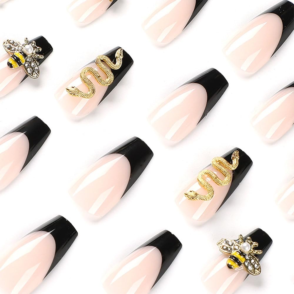 Press on Nails Medium Long Coffin French Tips Black Fake Nails with 3D Gold Alloy Charms Glue on Nails for Women Girls Acrylic False Stick on Nail Manicure Decorations for Wedding 24Pcs - Image 4