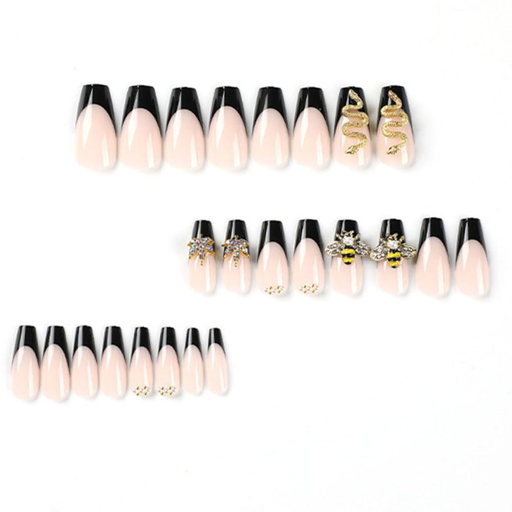 Press on Nails Medium Long Coffin French Tips Black Fake Nails with 3D Gold Alloy Charms Glue on Nails for Women Girls Acrylic False Stick on Nail Manicure Decorations for Wedding 24Pcs - Image 2