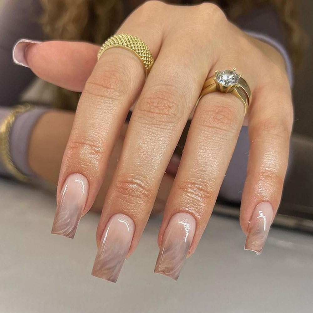 Press on Nails Medium Long Square Fake Glue on Nails with Ombre Marble Design for Women Girls Full Cover Artificial Acrylic False Stick on Nail for Daily Wear Wedding 24Pcs