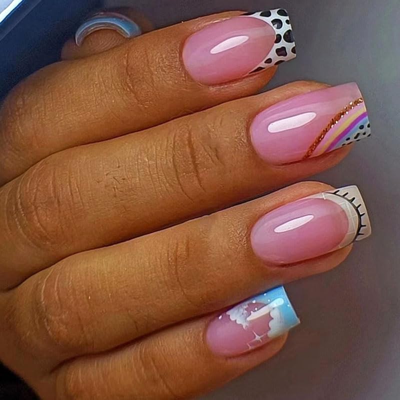 Press on Nails Medium Square French Cow Print Fake Nails with Rainbow Design, Press ons Artificial Acrylic Full Cover False Stick on Nail for Women Girls Daily Wear Wedding Manicure 24Pcs
