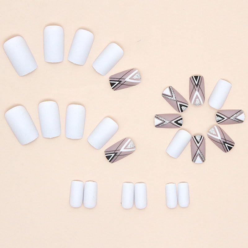 Press on Nails Medium Square Matte White Fake Nails with Exquisite Painting Design Artificial Acrylic False Press ons Full Cover Stick on Nail for Women Girls Daily Wear Wedding 24Pcs - Image 3