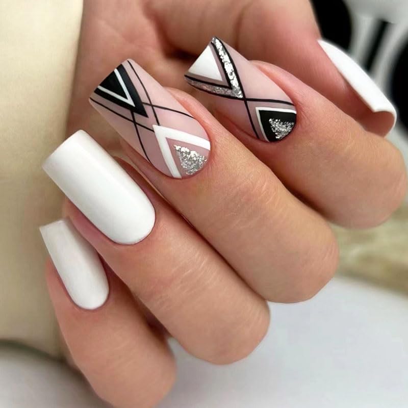 Press on Nails Medium Square Matte White Fake Nails with Exquisite Painting Design Artificial Acrylic False Press ons Full Cover Stick on Nail for Women Girls Daily Wear Wedding 24Pcs