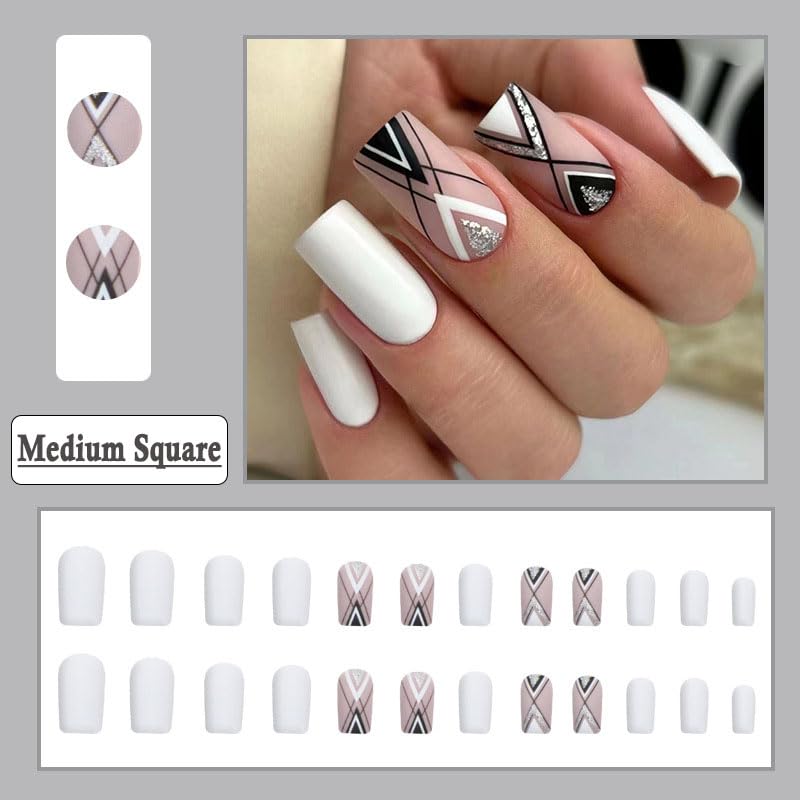 Press on Nails Medium Square Matte White Fake Nails with Exquisite Painting Design Artificial Acrylic False Press ons Full Cover Stick on Nail for Women Girls Daily Wear Wedding 24Pcs - Image 2