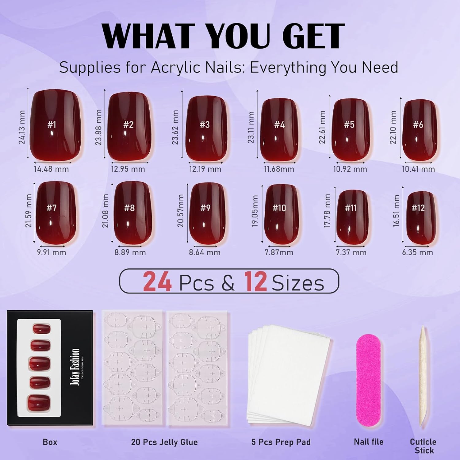 Press On Nails Short - Jofay Fashion Acrylic Press On Nails Red, Square Glue On Nails with Nail Glue, Fit Perfectly & Natural Stick On Nails in 12 Sizes - 24PCS Soft Gel Fake Nails Kit, Wine Red - Image 5