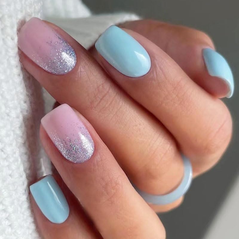 Press on Nails Short Medium Square Blue Fashion Simple Fake Nails with Glitter Design, Press ons Artificial Acrylic Full Cover False Stick on Nail for Women Girls Daily Wear Wedding 24Pcs
