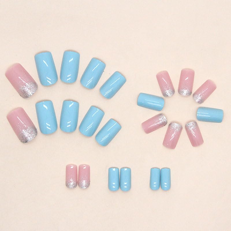 Press on Nails Short Medium Square Blue Fashion Simple Fake Nails with Glitter Design, Press ons Artificial Acrylic Full Cover False Stick on Nail for Women Girls Daily Wear Wedding 24Pcs - Image 3