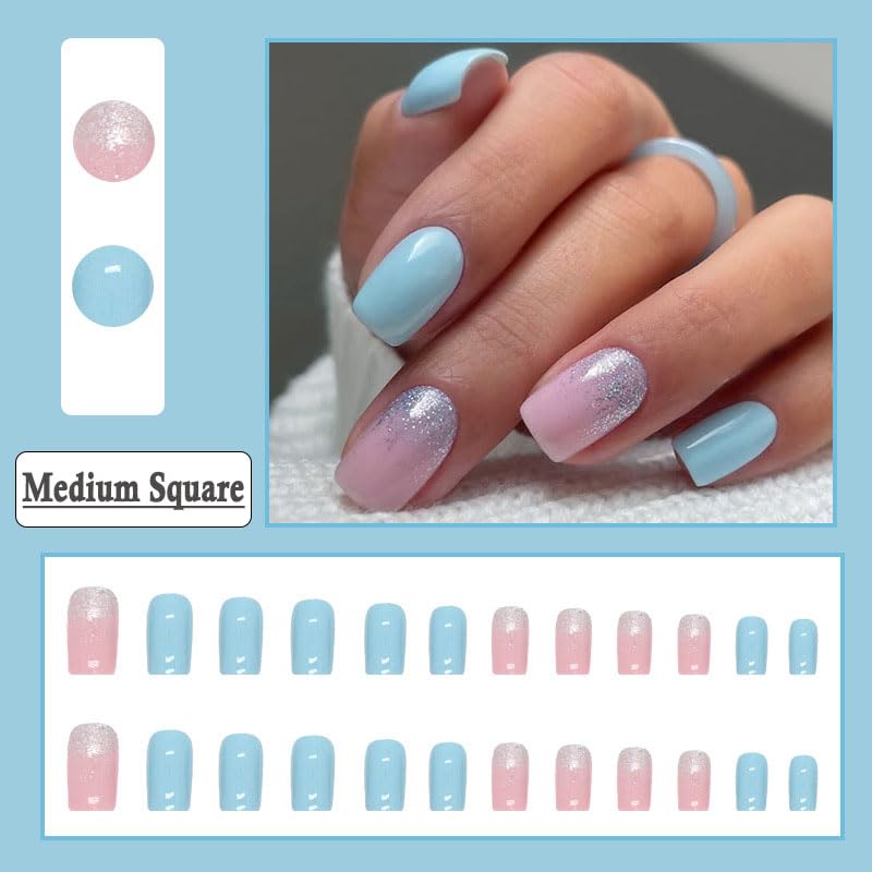 Press on Nails Short Medium Square Blue Fashion Simple Fake Nails with Glitter Design, Press ons Artificial Acrylic Full Cover False Stick on Nail for Women Girls Daily Wear Wedding 24Pcs - Image 2