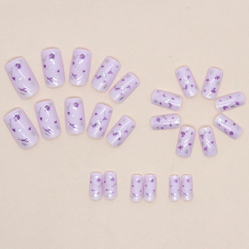Press on Nails Short Medium Square Light Purple Fake Nails with Exquisite Flower Design, Press ons Artificial Acrylic Full Cover False Stick on Nail for Women Girls Daily Wear Wedding 24Pcs - Image 3