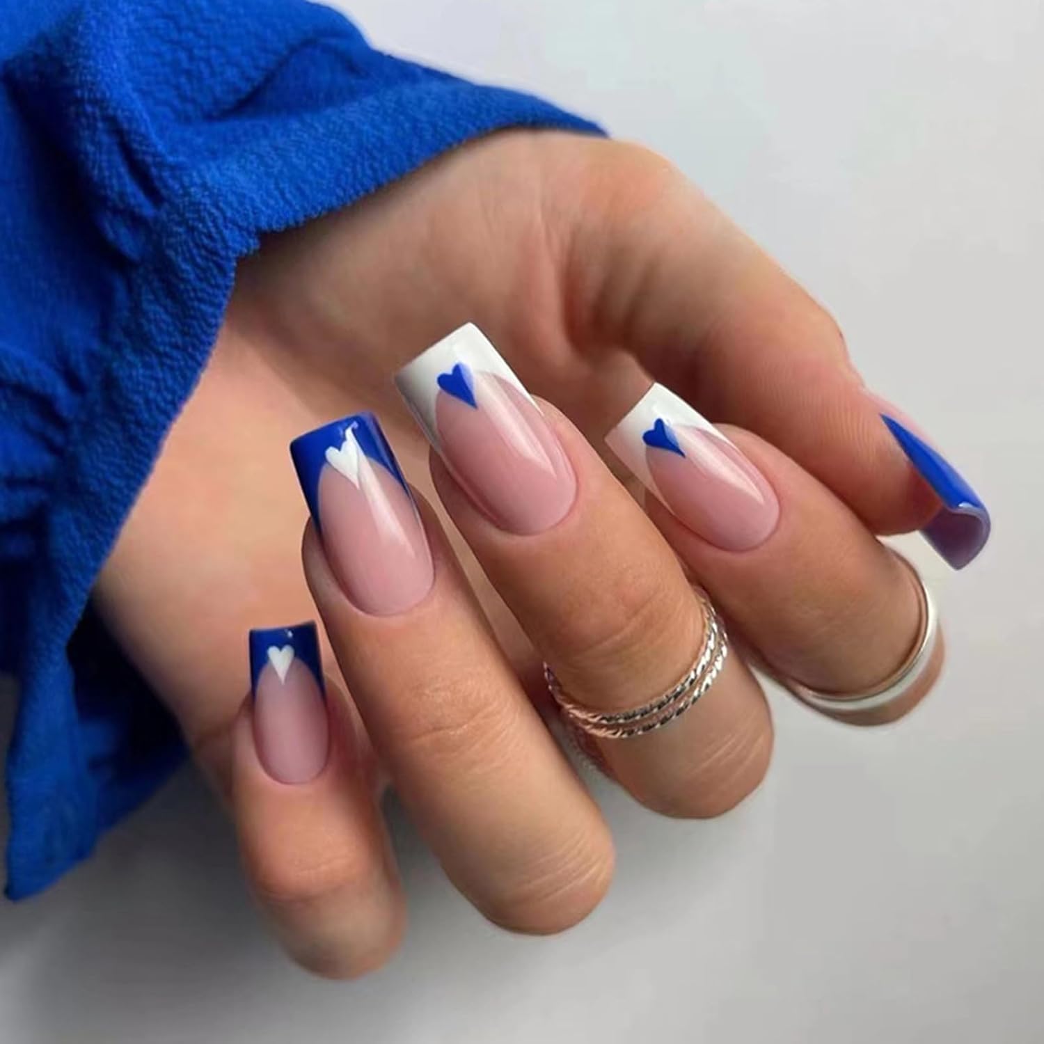 Press on Nails Short Medium Square Nails 24 Pcs, French Blue White Fake Nails with Heart Accents - Glue Nail Kit Reusable Acrylic False Nails for Women, Blue Heart Square - Image 3