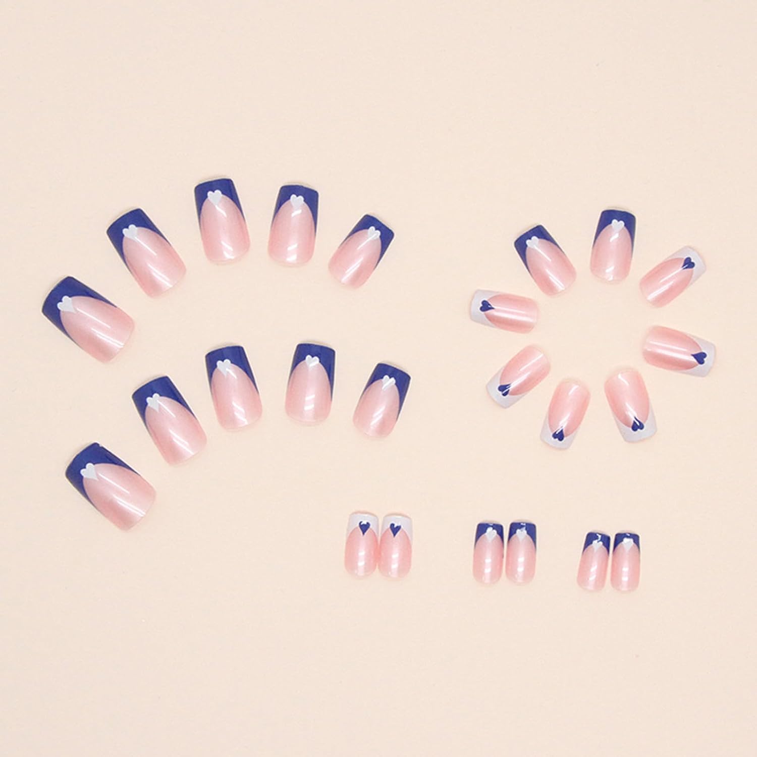 Press on Nails Short Medium Square Nails 24 Pcs, French Blue White Fake Nails with Heart Accents - Glue Nail Kit Reusable Acrylic False Nails for Women, Blue Heart Square - Image 2