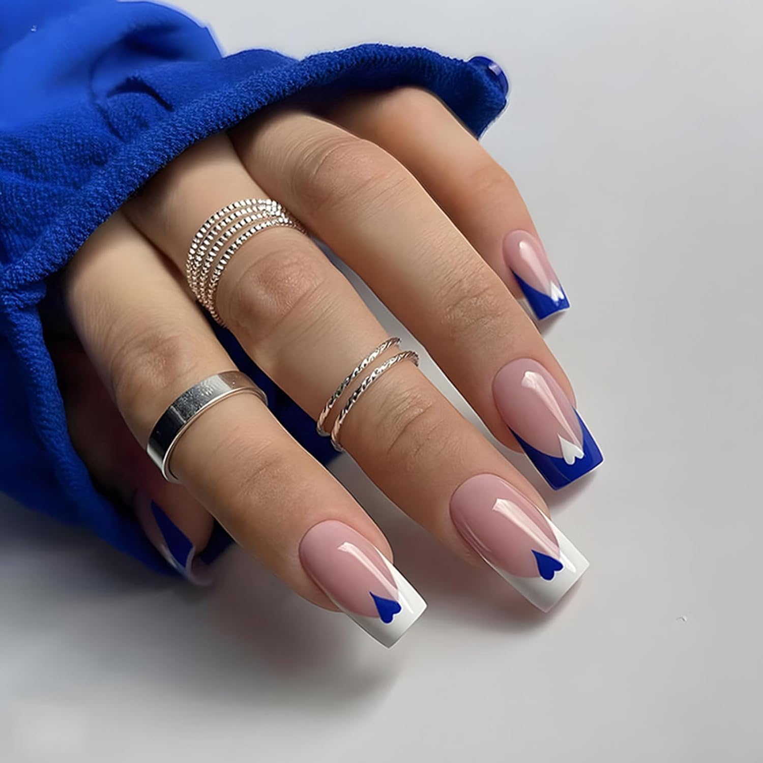 Press on Nails Short Medium Square Nails 24 Pcs, French Blue White Fake Nails with Heart Accents - Glue Nail Kit Reusable Acrylic False Nails for Women, Blue Heart Square