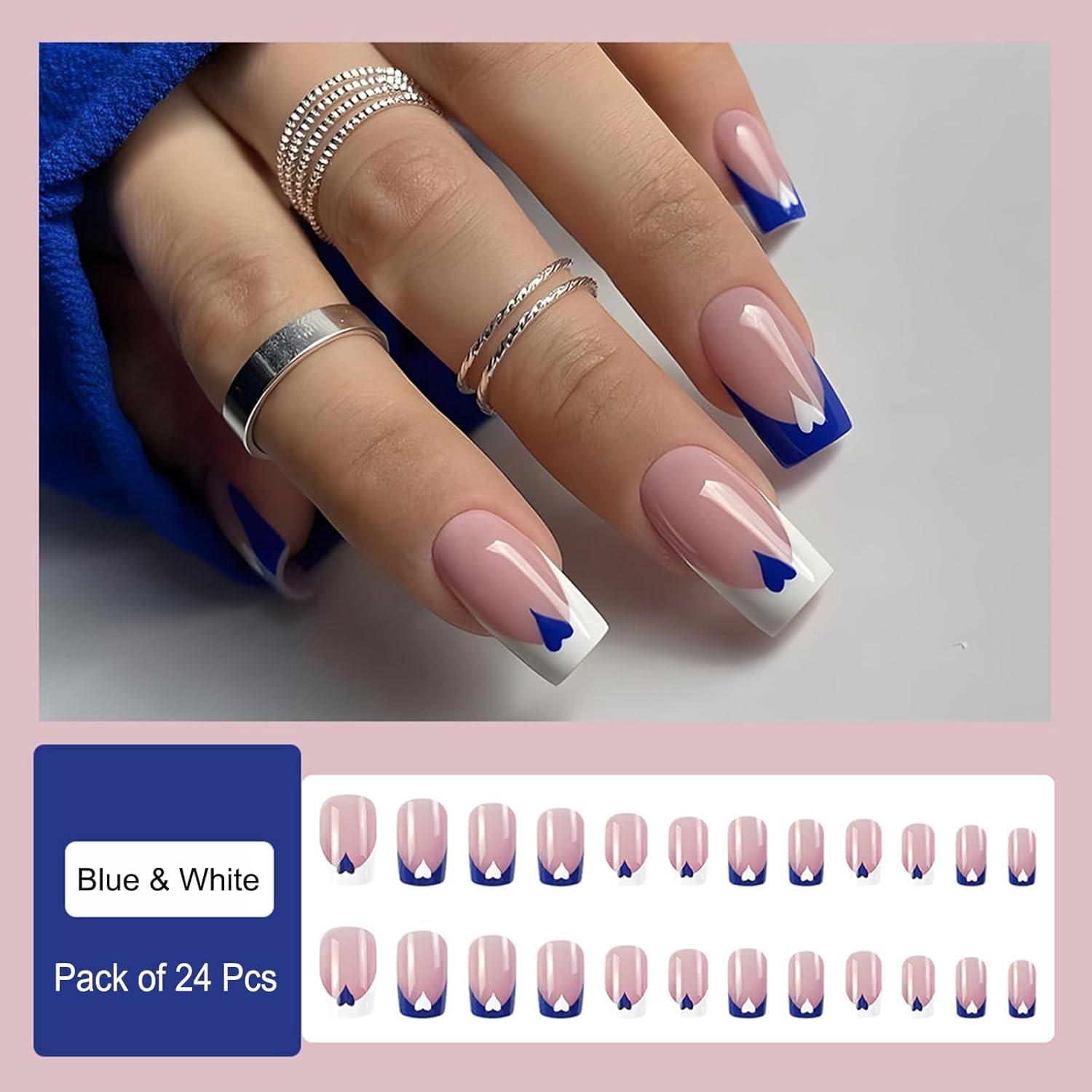 Press on Nails Short Medium Square Nails 24 Pcs, French Blue White Fake Nails with Heart Accents - Glue Nail Kit Reusable Acrylic False Nails for Women, Blue Heart Square - Image 5