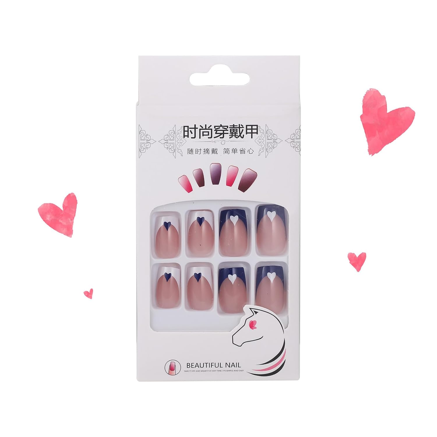 Press on Nails Short Medium Square Nails 24 Pcs, French Blue White Fake Nails with Heart Accents - Glue Nail Kit Reusable Acrylic False Nails for Women, Blue Heart Square - Image 4