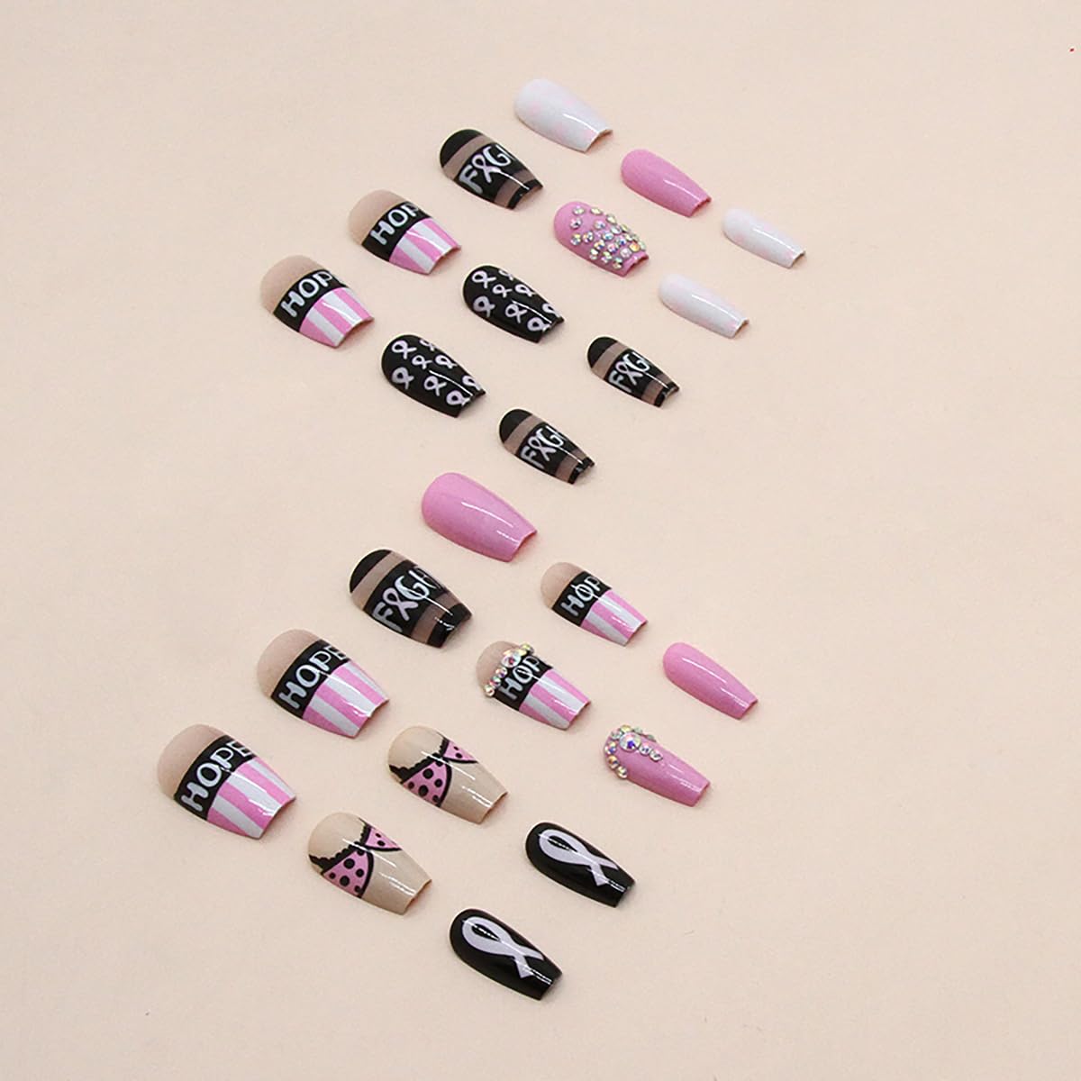 Press On Pink Ribbon Acrylic Nails - Breast Cancer Awareness Design with Rhinestones - Short Square False Nails for Women and Girls - Image 3