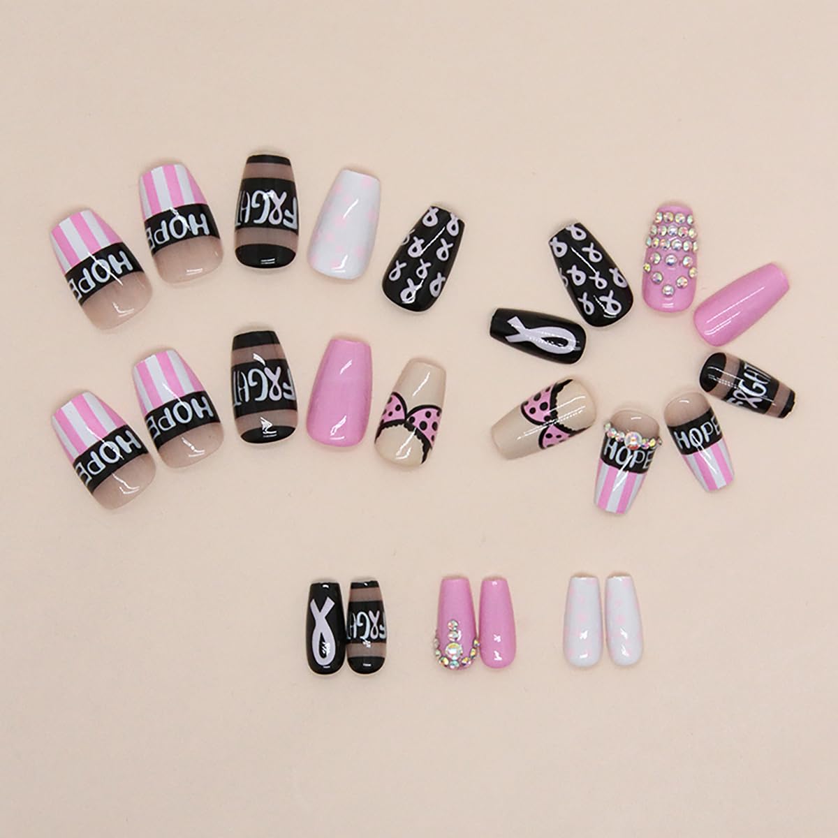 Press On Pink Ribbon Acrylic Nails - Breast Cancer Awareness Design with Rhinestones - Short Square False Nails for Women and Girls - Image 4