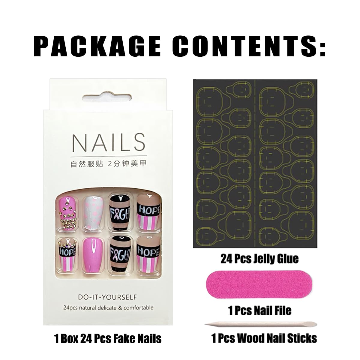 Press On Pink Ribbon Acrylic Nails - Breast Cancer Awareness Design with Rhinestones - Short Square False Nails for Women and Girls - Image 5