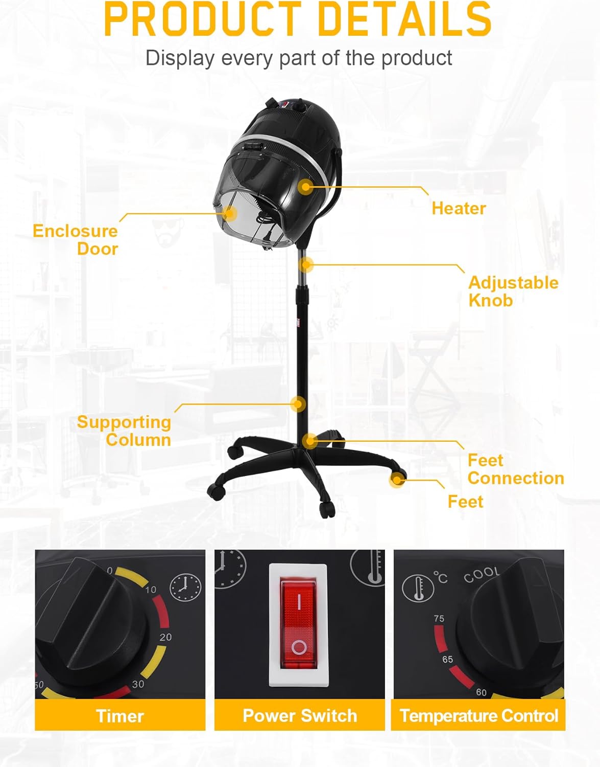 Professional 1050W Standing Hair Dryer, Fast Hair Drying Low Noise for Salon, Adjustable Temperature 0-167℉, Timer 0-60 Min, Height 31-51 Inches, Hooded Hair Dryers for Salon Home Black - Image 9