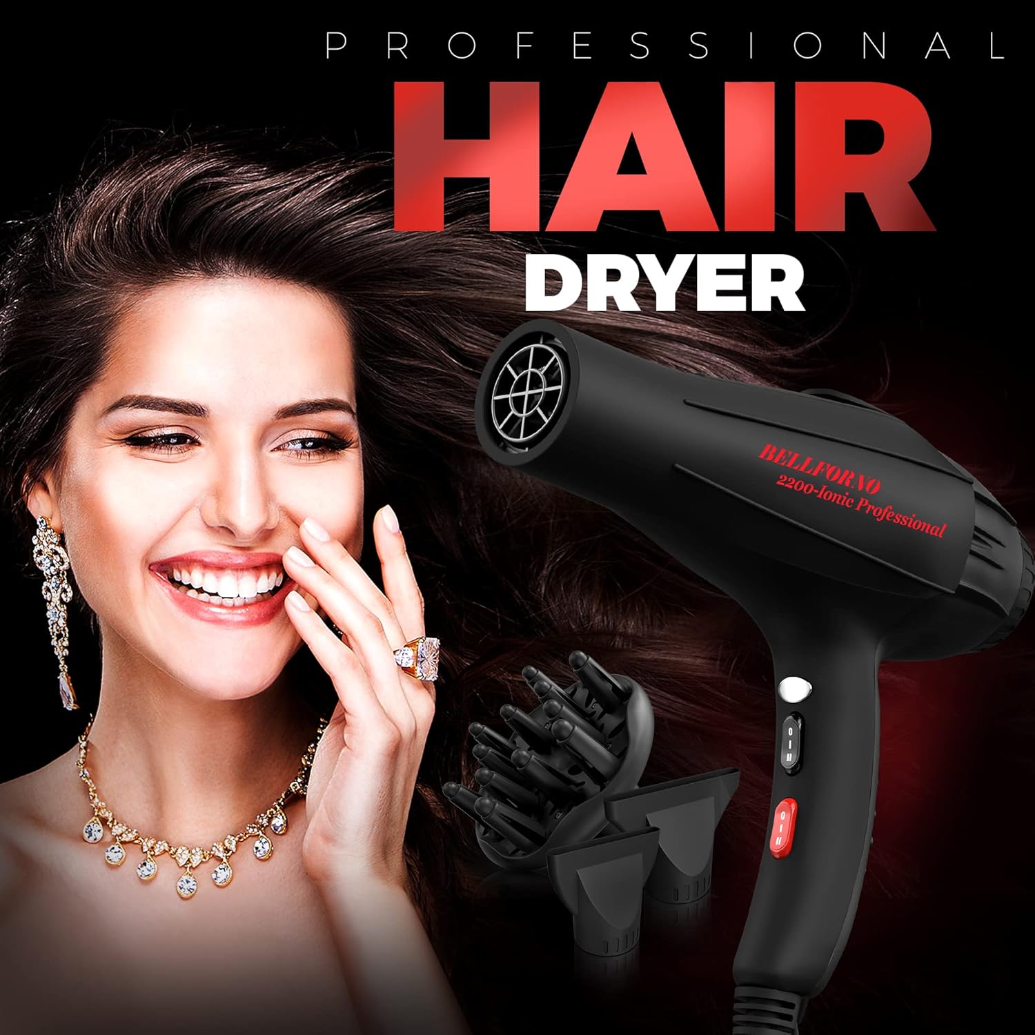 Professional 2200W Diffuser Hair Dryer for Curly and Natural Wavy Hair, Low Noise Negative Ionic Blow Dryer with Diffuser, The New Upgraded Motor & Ceramic Technology for Fast Drying by BELLFORNO - Image 7