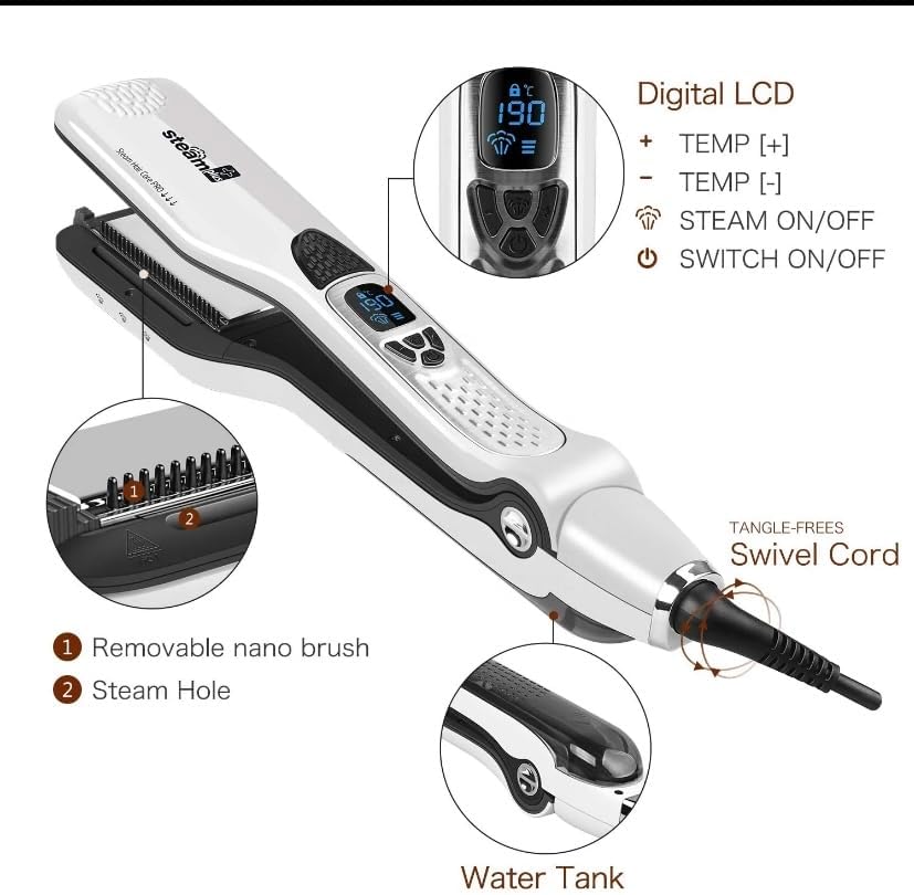 Professional Ceramic Flat Iron, Electric Hair Straightener and Crimper - Fast Steamer for All Hair Types (Black/White) - Image 2