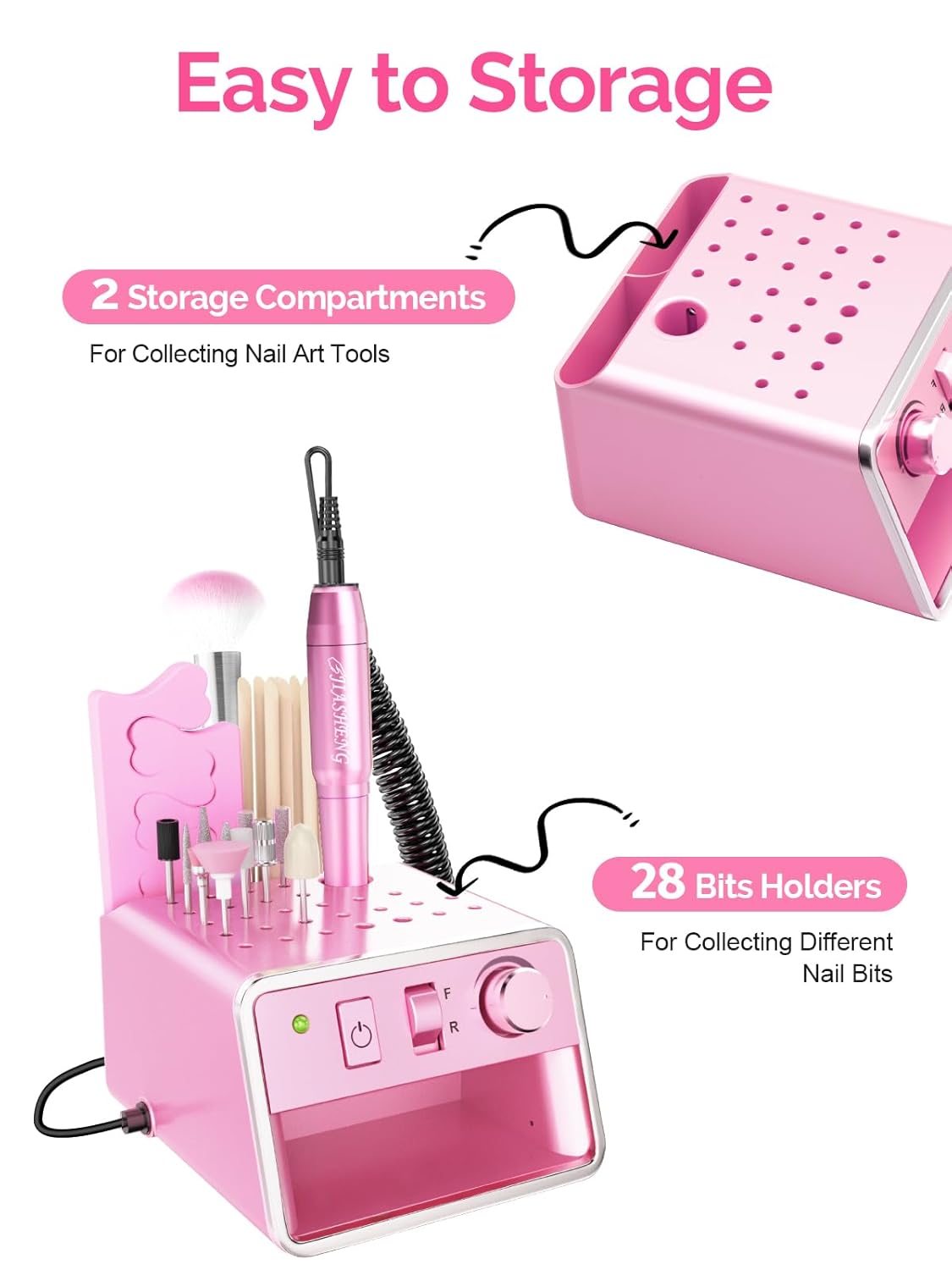 Professional Electric Nail Drill Portable Nail File for Acrylic Gel Nails, 20000RPM Professional Nail Drill Machine for Nail Polish Remover with the Function of Storing Manicure Accessories, Purple - Image 5